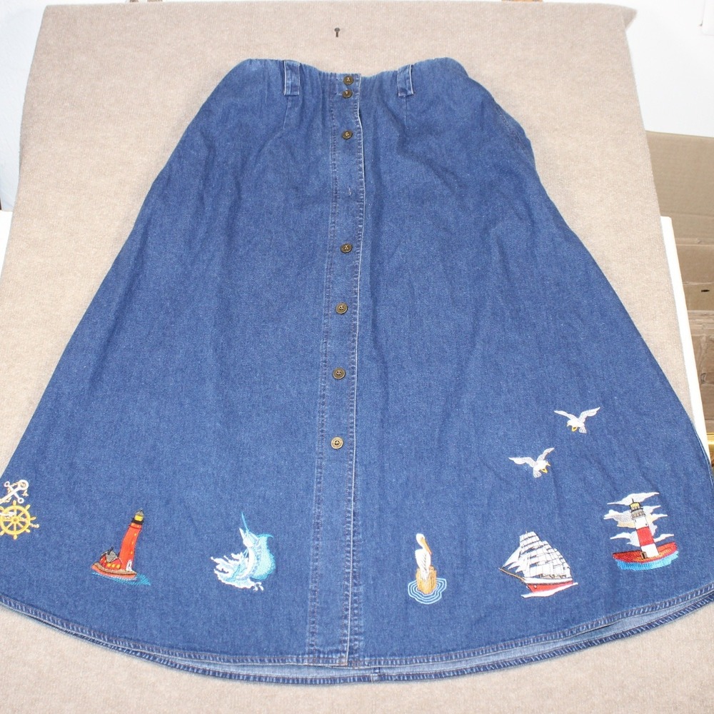 Jantzen Classics Blue Denim Nautical Embroidered Button Front Maxi Skirt Size 14